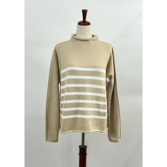 FRANK & EILEEN Sz S Small Tan White Stripe Monterey Roll Neck Sweater